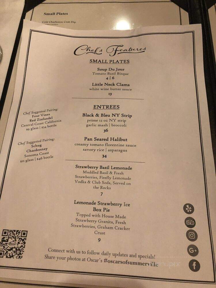 Oscar's Place - Summerville, SC menu_pic