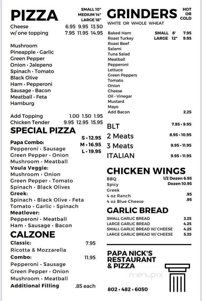 Papa Nick's Family Restaurant - Hinesburg, VT menu_pic