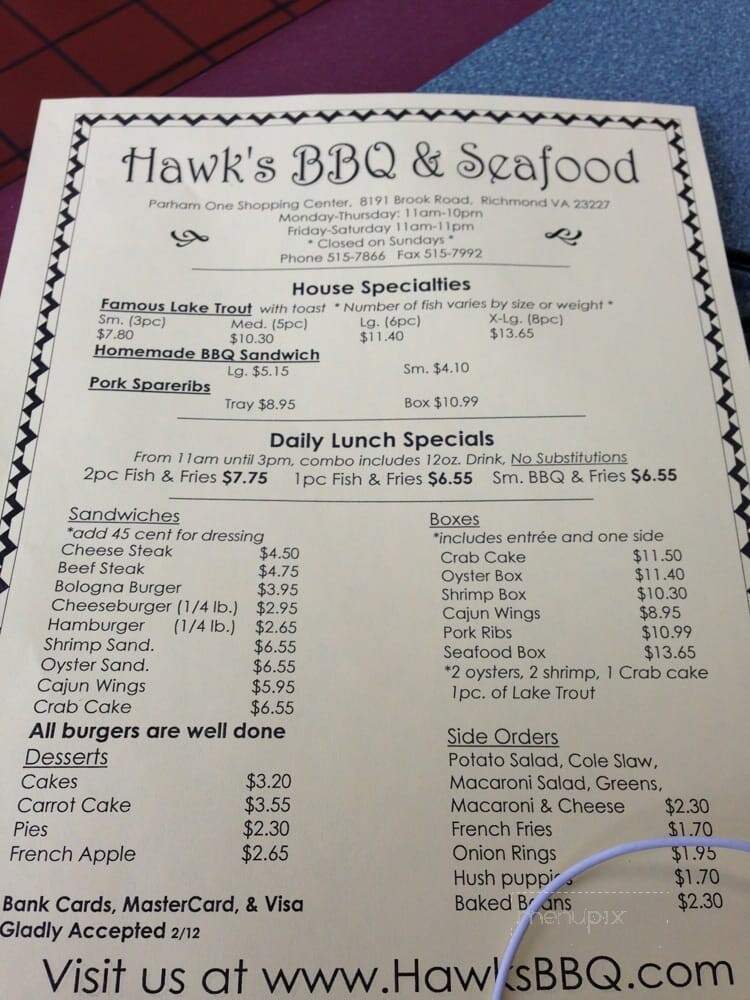 Hawks BBQ - Richmond, VA menu_pic