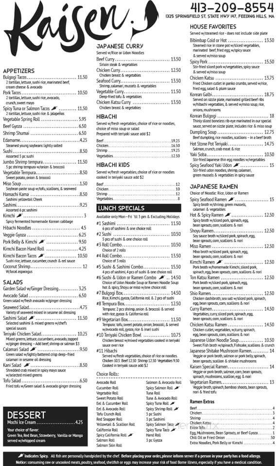 Kaisen - Feeding Hills, MA menu_pic