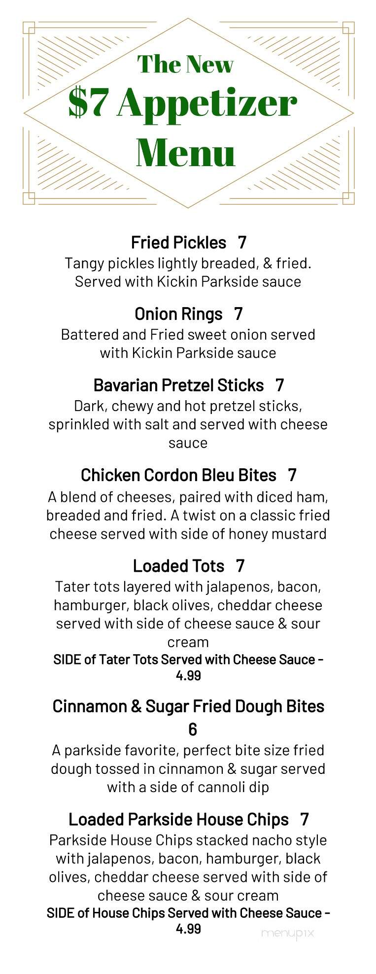 Menu of Parkside Pizza & Ice Cream in Bolton, CT 06043