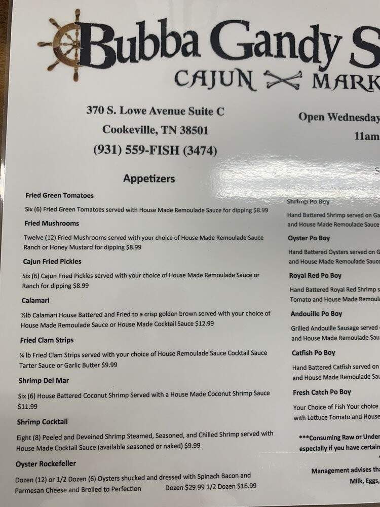 Bubba Gandy's Seafood - Cookeville, TN menu_pic