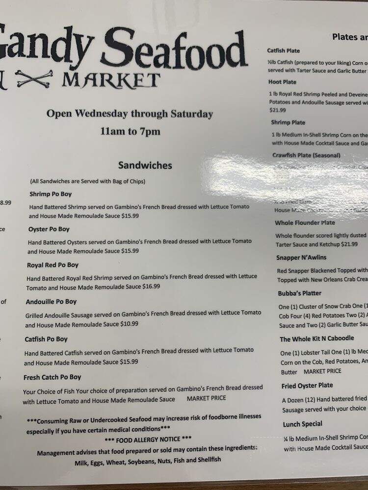 Bubba Gandy's Seafood - Cookeville, TN menu_pic