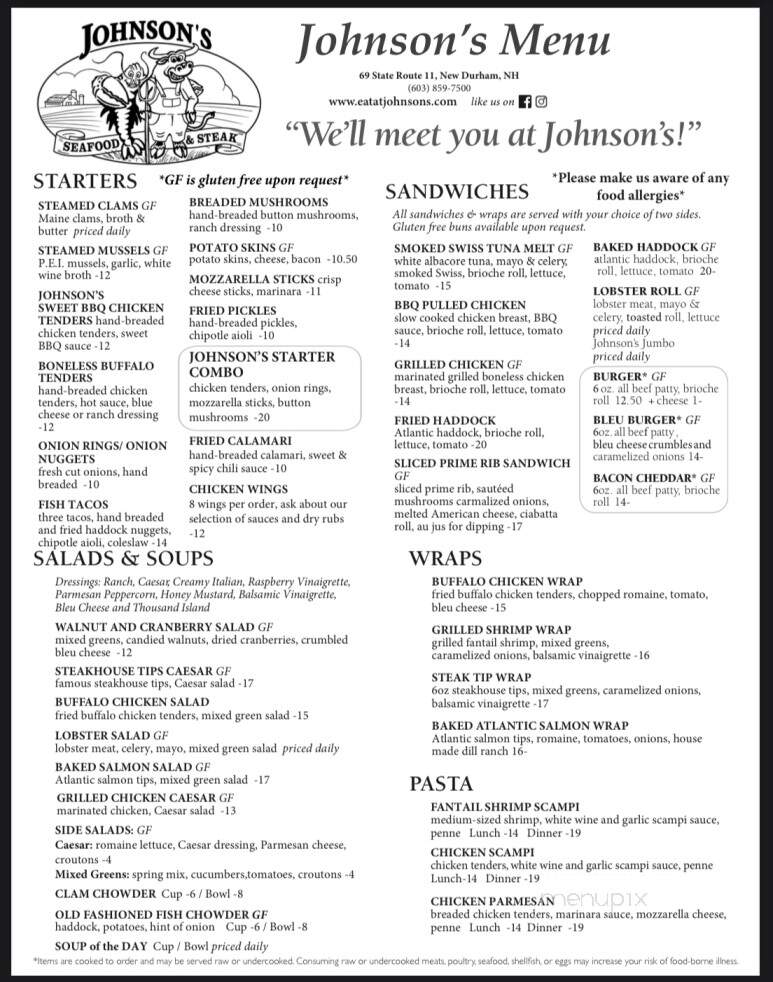 Johnson Seafood & Steak - New Durham, NH menu_pic