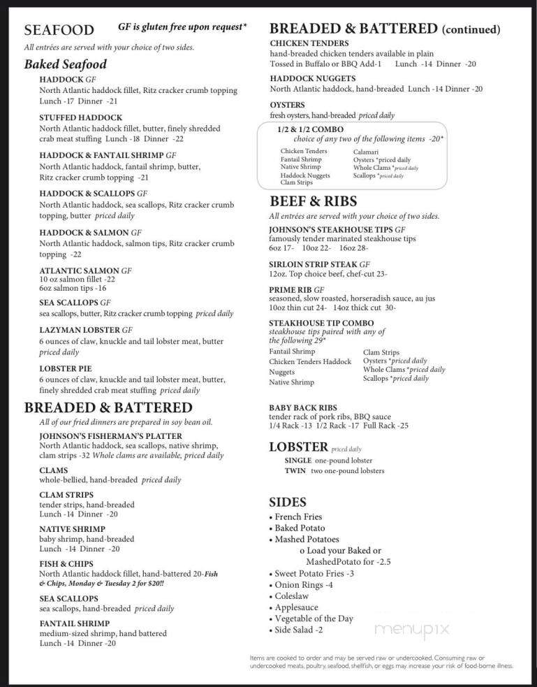 Johnson Seafood & Steak - New Durham, NH menu_pic