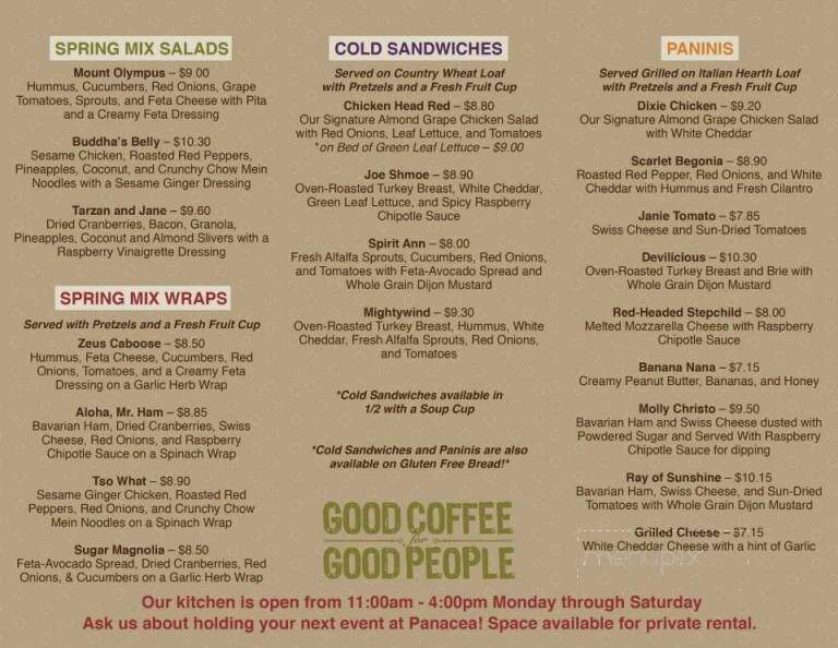 Panacea Coffee House Cafe - Waynesville, NC menu_pic