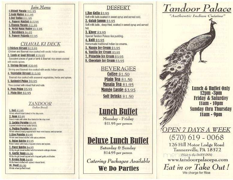 Tandoor Palace - Tannersville, PA menu_pic