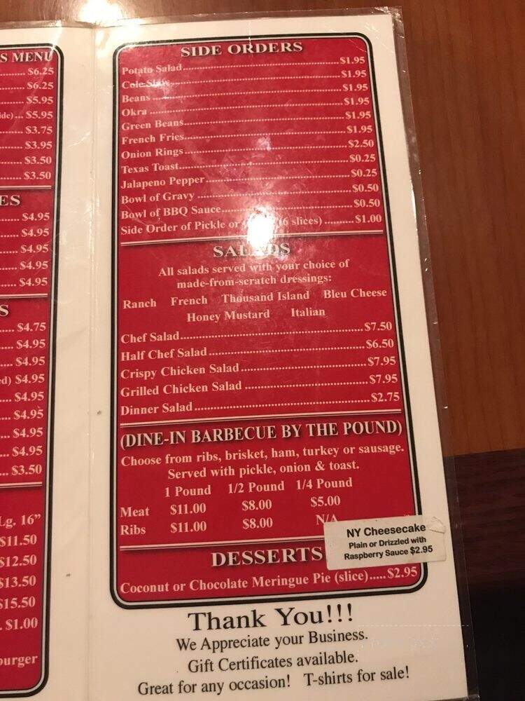 Smokehouse - Lindsay, TX menu_pic