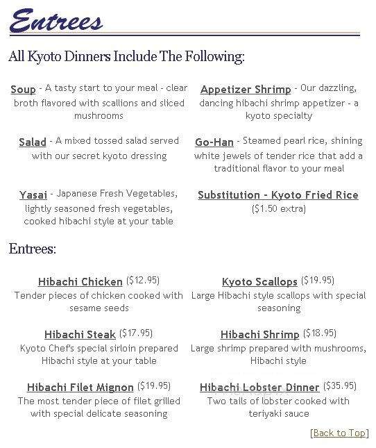 Kyoto Japanese Steak House - Harrisonburg, VA menu_pic
