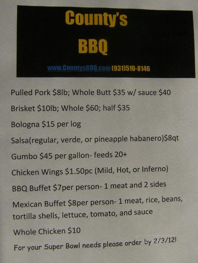 County's BBQ - Oneida, TN menu_pic