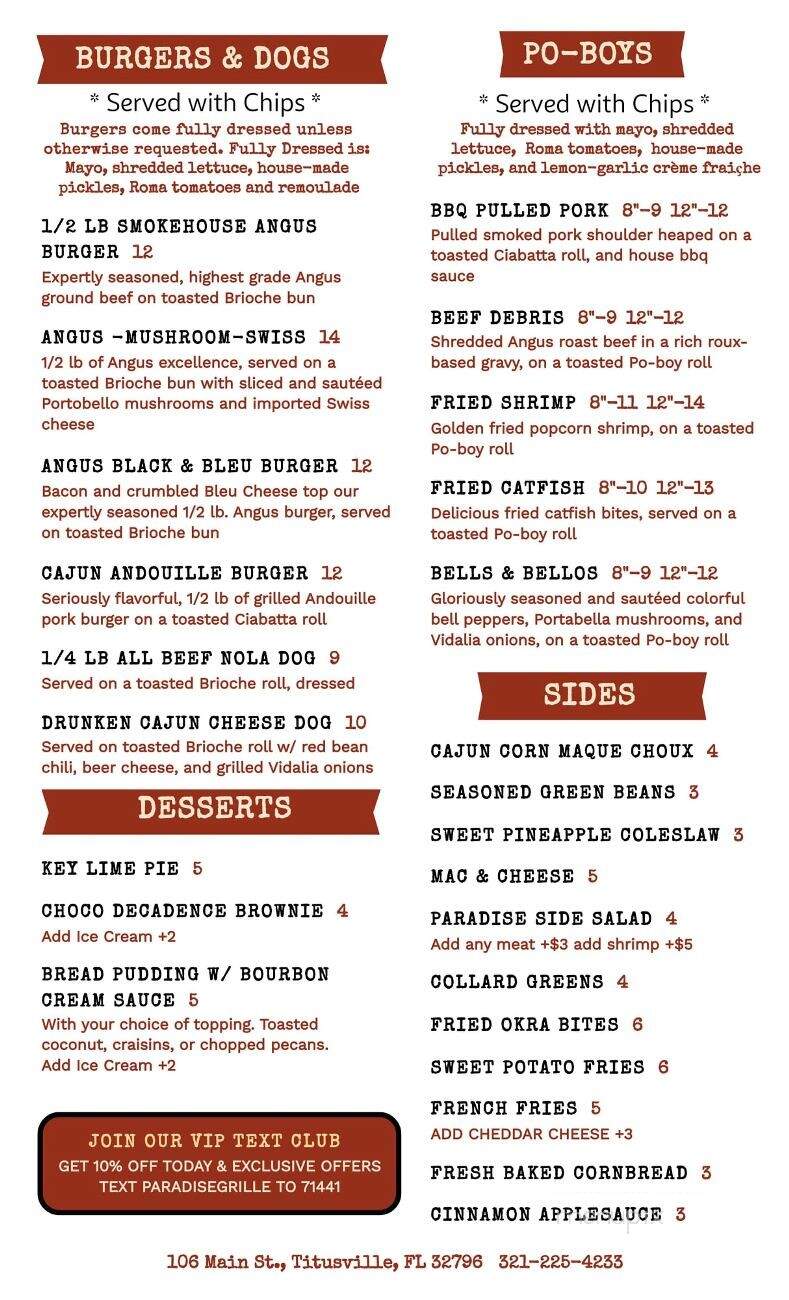 Paradise Grille - Titusville, FL menu_pic