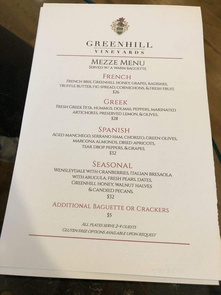 Greenhill Winery & Vineyards - Middleburg, VA menu_pic