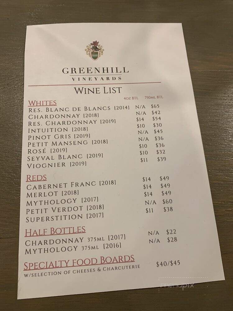 Greenhill Winery & Vineyards - Middleburg, VA menu_pic