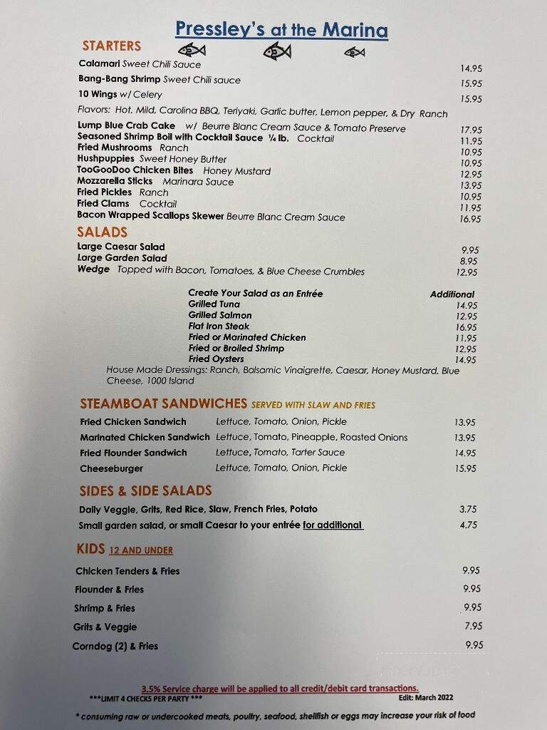 Pressley's at the Marina - Edisto Island, SC menu_pic