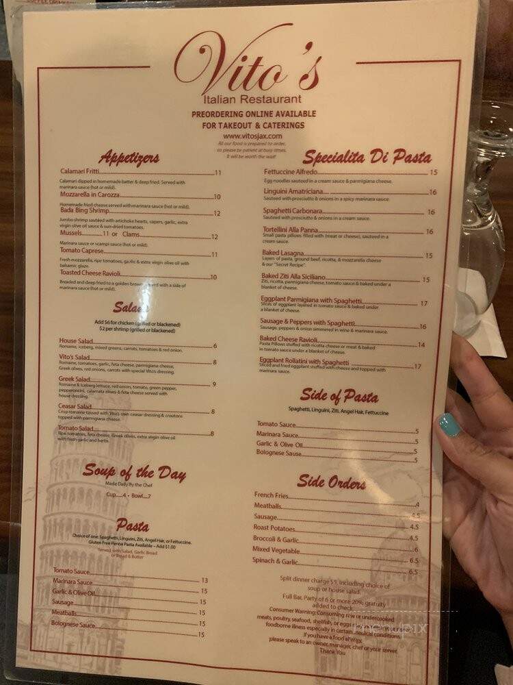 Vito's Italian Restaurant - St Johns, FL menu_pic