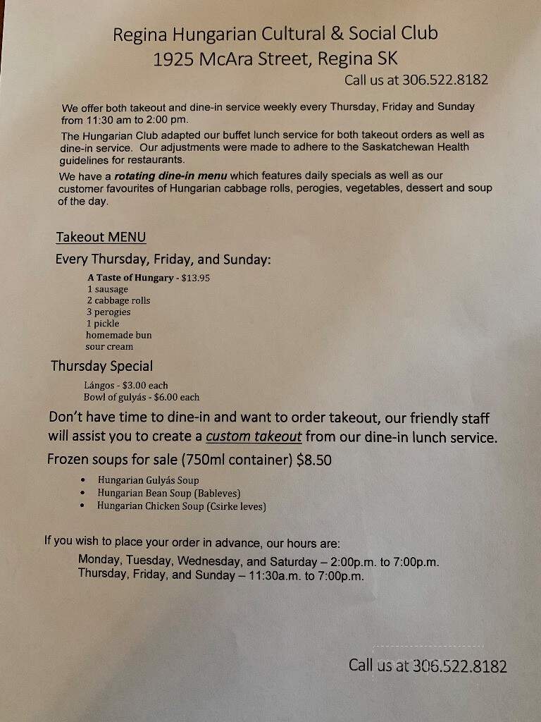 Hungarian Cultural & Social Club - Regina, SK menu_pic