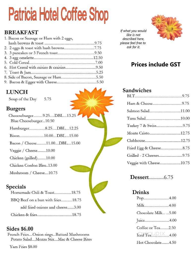 Patricia Hotel - Patricia, AB menu_pic