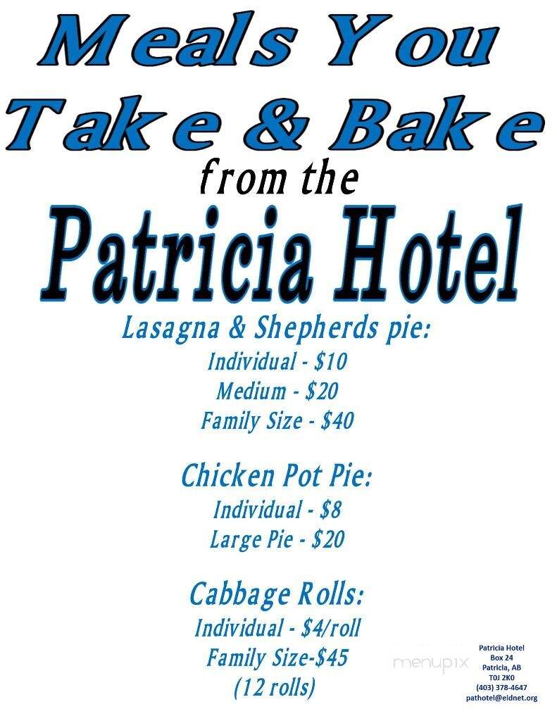 Patricia Hotel - Patricia, AB menu_pic