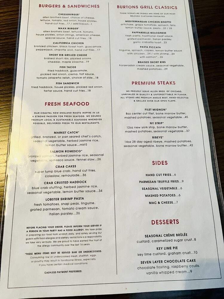 Burtons Grill & Bar of Blakeney - Charlotte, NC menu_pic
