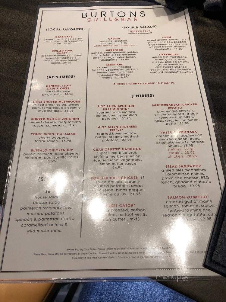 Burtons Grill & Bar of Blakeney - Charlotte, NC menu_pic
