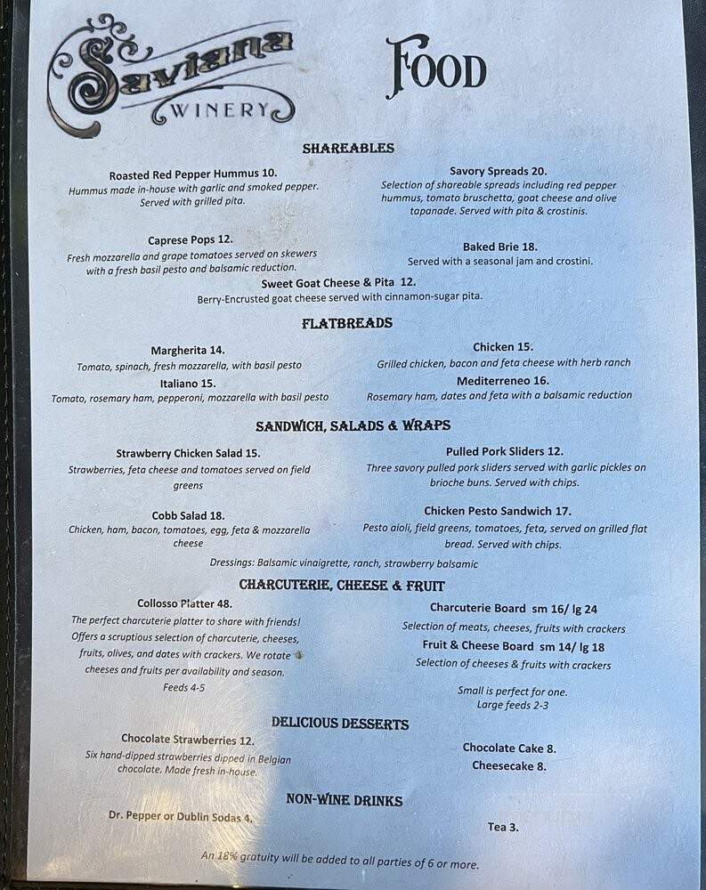 Saviana Winery - Cedar Hill, TX menu_pic