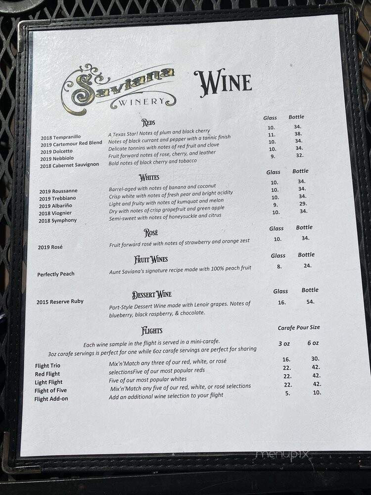 Saviana Winery - Cedar Hill, TX menu_pic