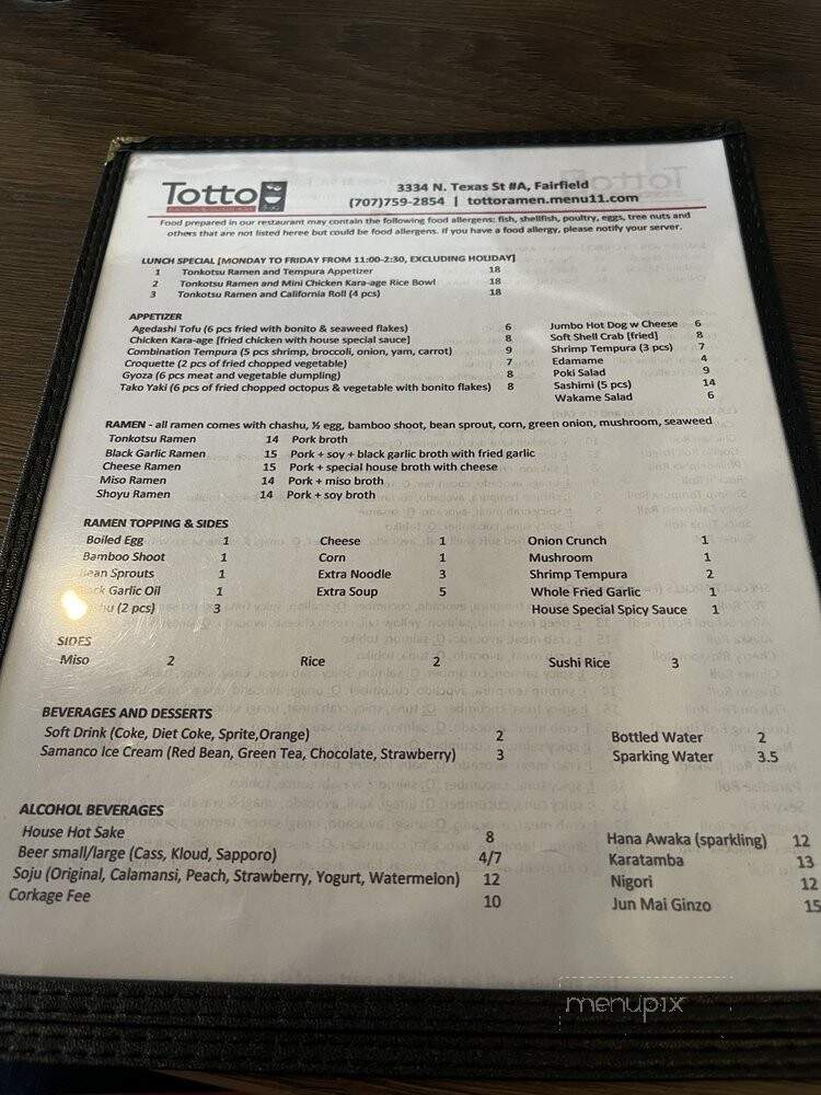 Totto Ramen and Sushi Bar - Fairfield, CA menu_pic