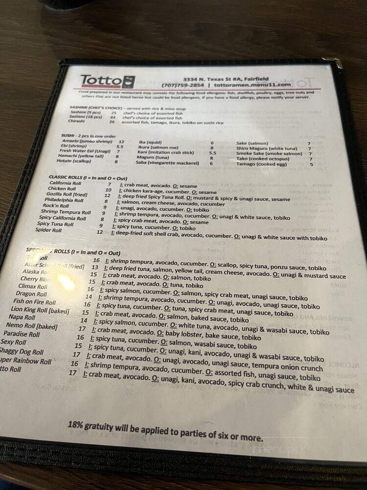 Totto Ramen and Sushi Bar - Fairfield, CA menu_pic