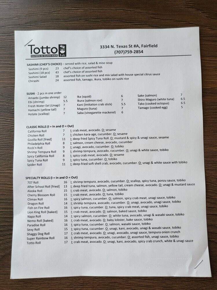 Totto Ramen and Sushi Bar - Fairfield, CA menu_pic