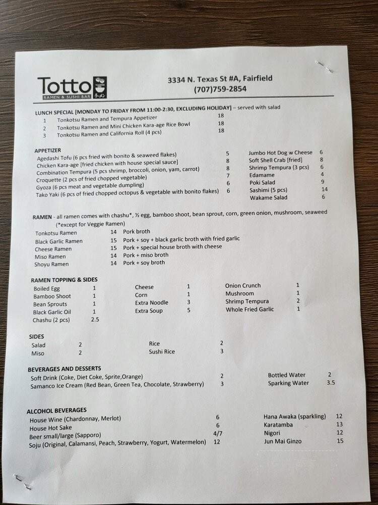 Totto Ramen and Sushi Bar - Fairfield, CA menu_pic