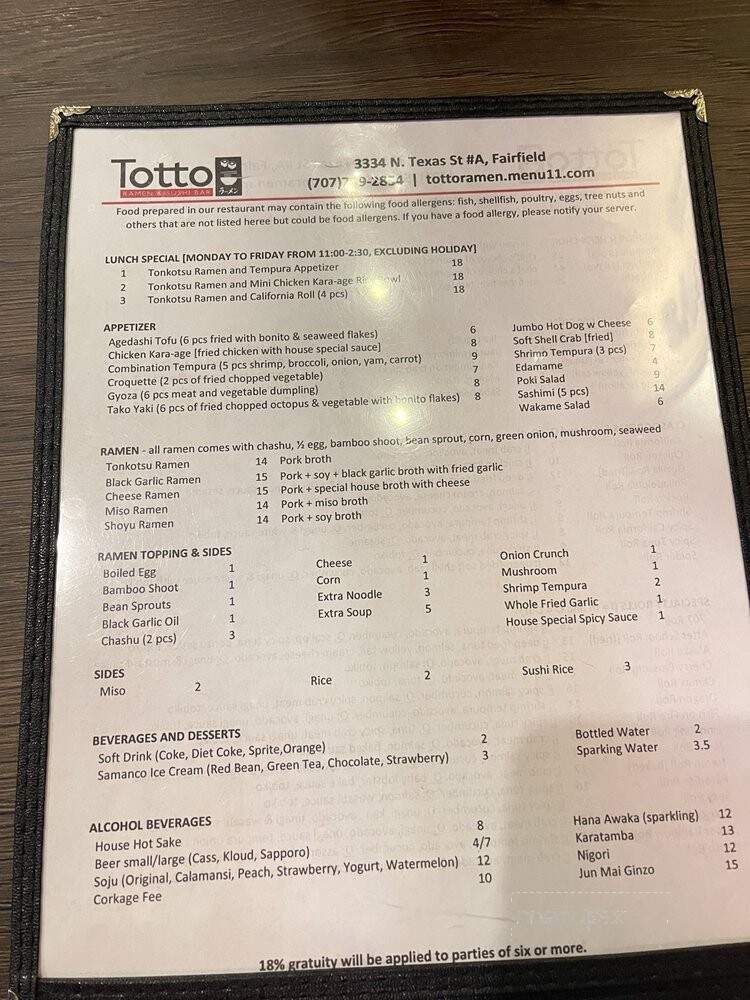 Totto Ramen and Sushi Bar - Fairfield, CA menu_pic