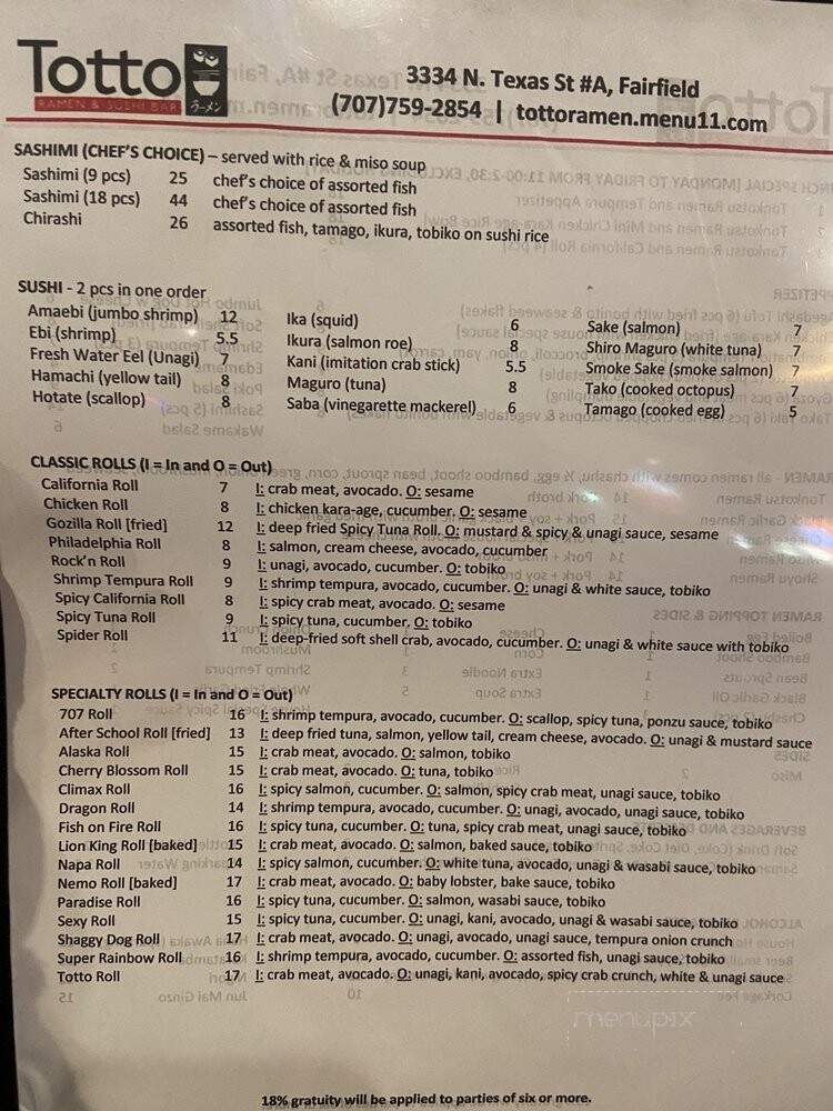 Totto Ramen and Sushi Bar - Fairfield, CA menu_pic