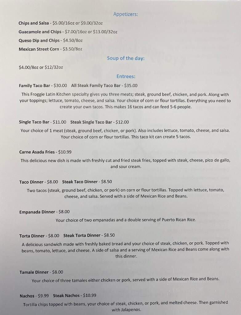 Froggie Latin Kitchen - Cedar Lake, IN menu_pic
