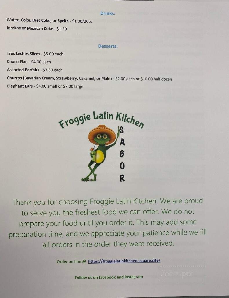 Froggie Latin Kitchen - Cedar Lake, IN menu_pic