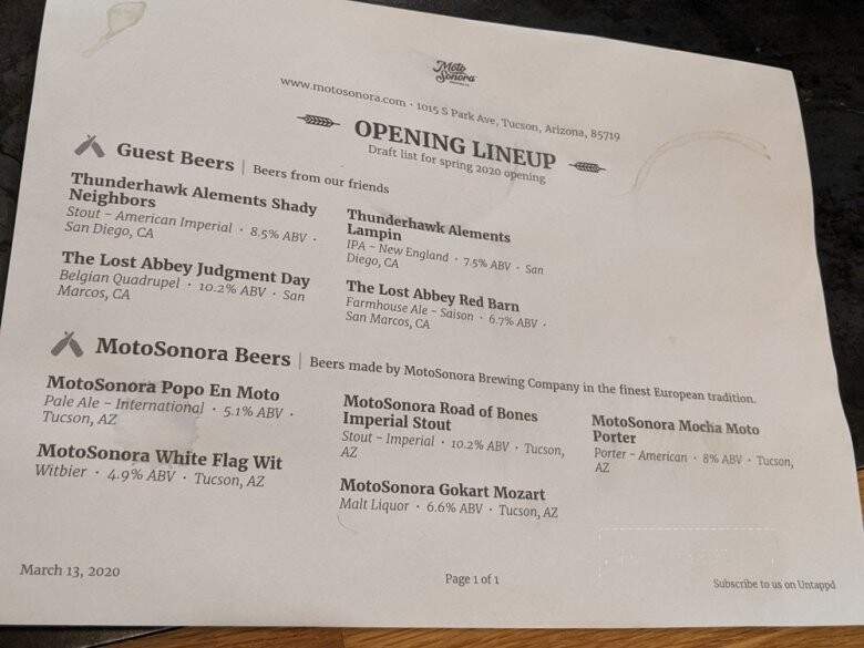 MotoSonora Brewing Company - Tucson, AZ menu_pic