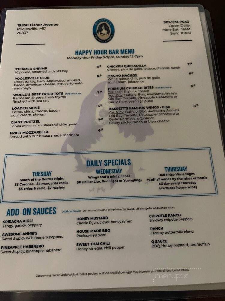 Bassett's - Poolesville, MD menu_pic