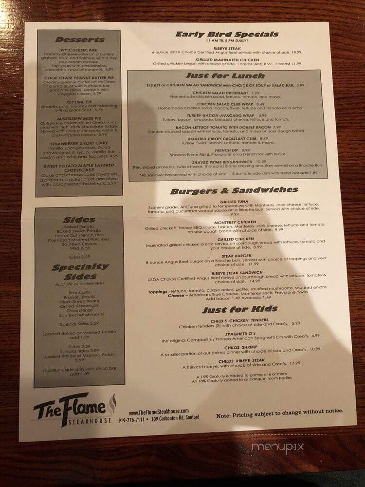Flame Steakhouse - Sanford, NC menu_pic