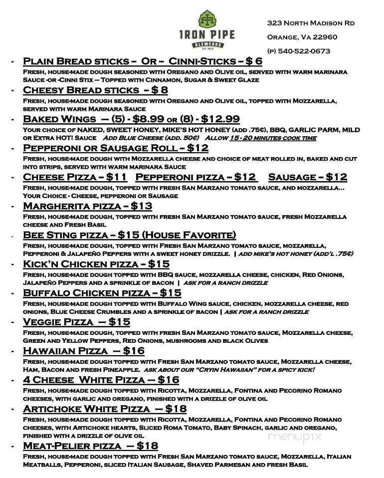 Iron Pipe Alewerks - Orange, VA menu_pic