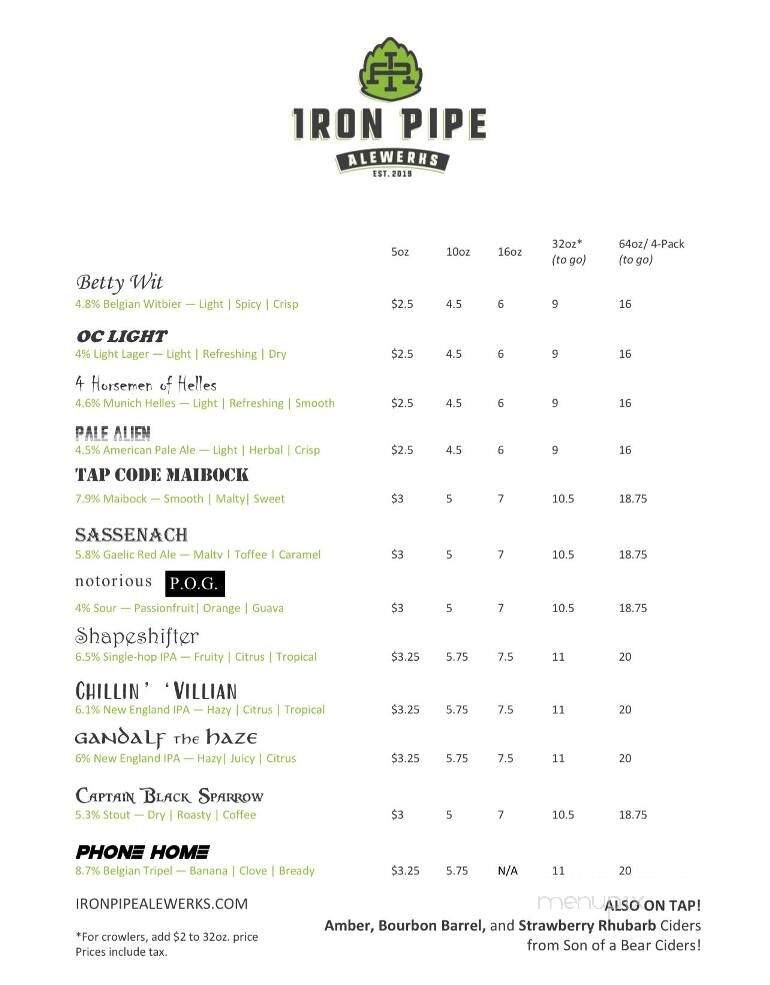 Iron Pipe Alewerks - Orange, VA menu_pic