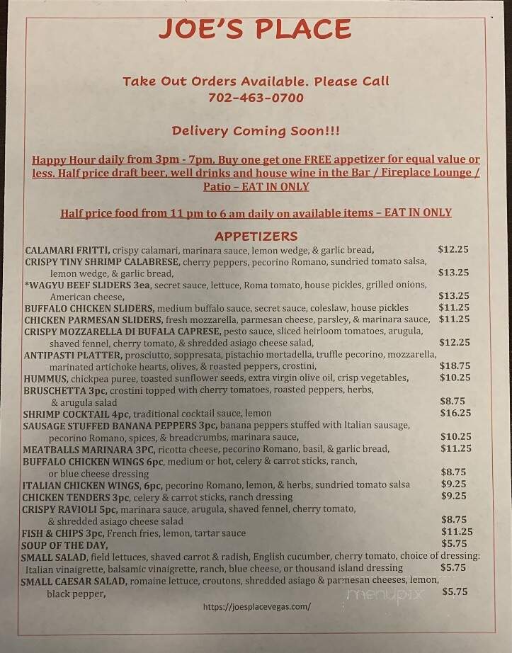 Joe's Place - Henderson, NV menu_pic
