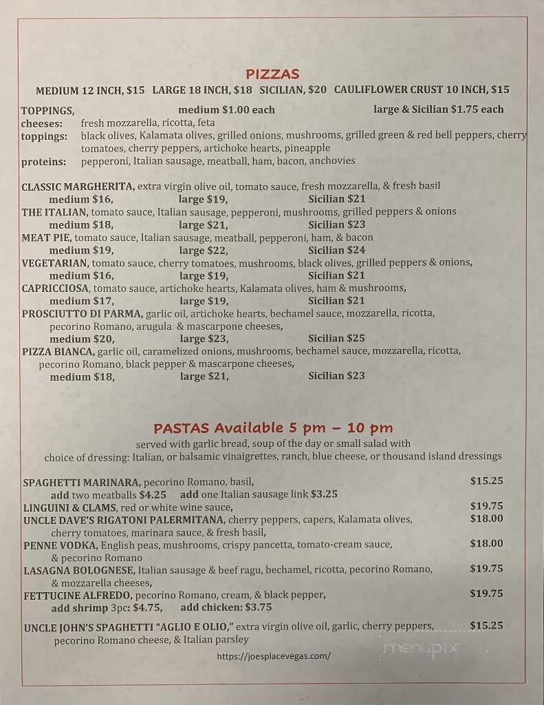 Joe's Place - Henderson, NV menu_pic