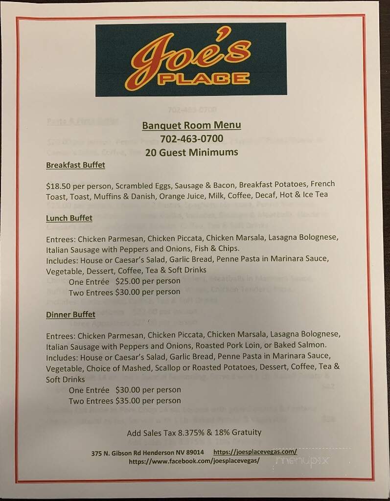 Joe's Place - Henderson, NV menu_pic