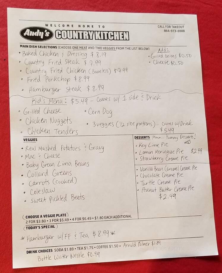 Andy's Country Kitchen - Seneca, SC menu_pic