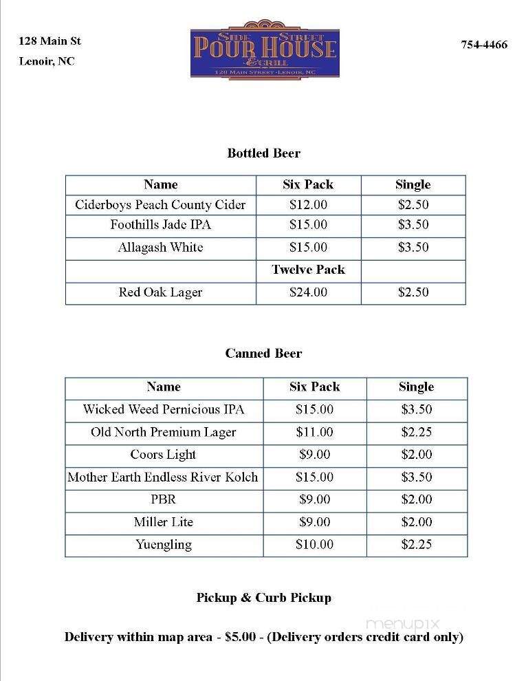 Side Street Pourhouse - Lenoir, NC menu_pic
