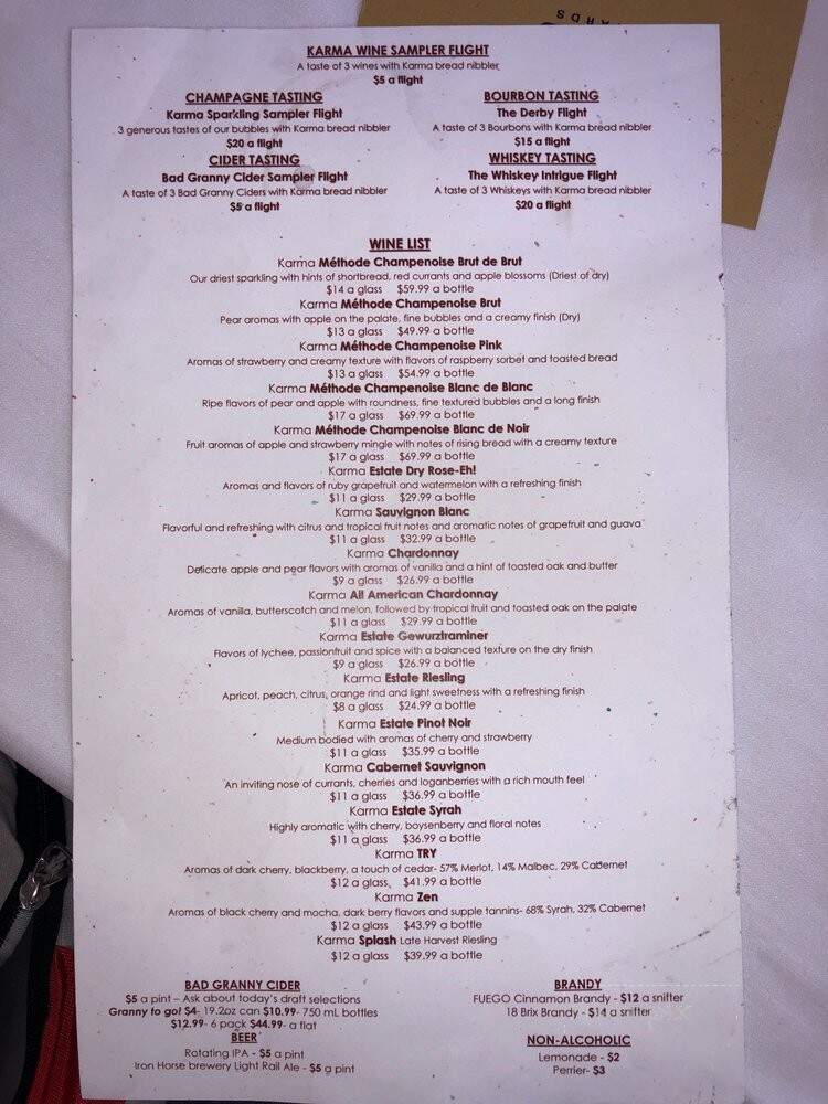 Karma Vineyards - Chelan, WA menu_pic