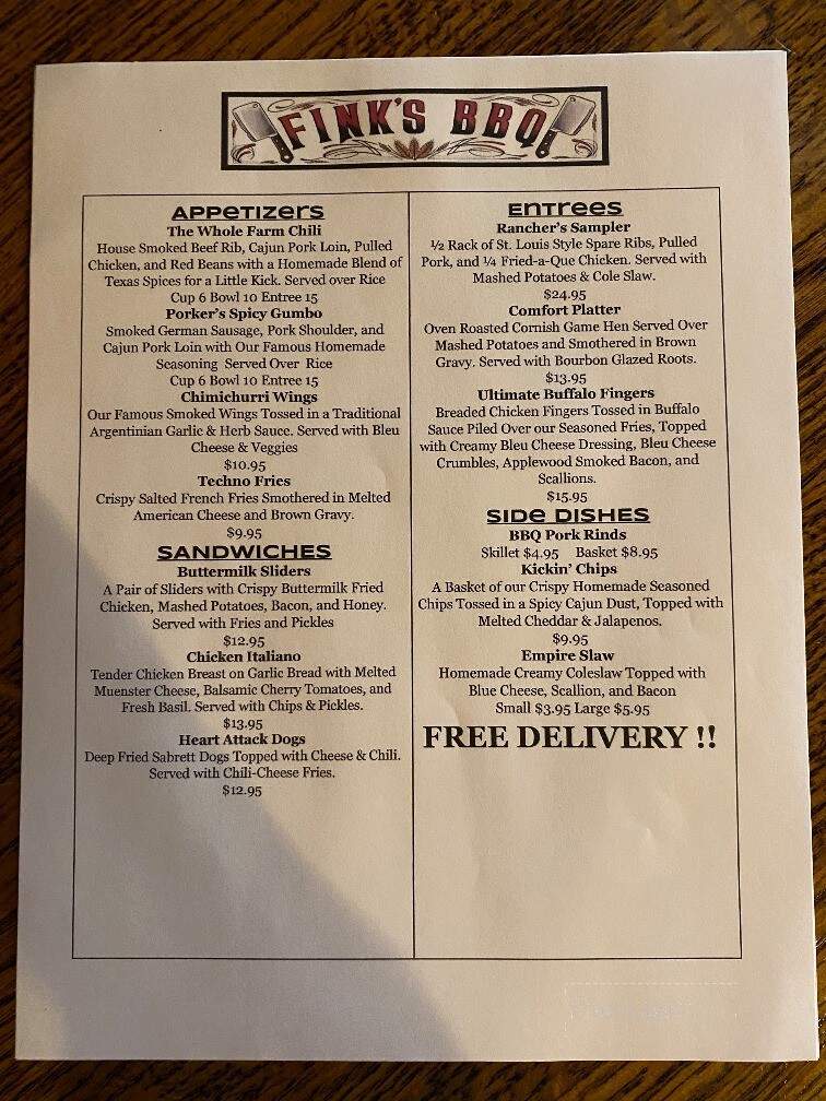 Fink's Smokehouse - Dumont, NJ menu_pic