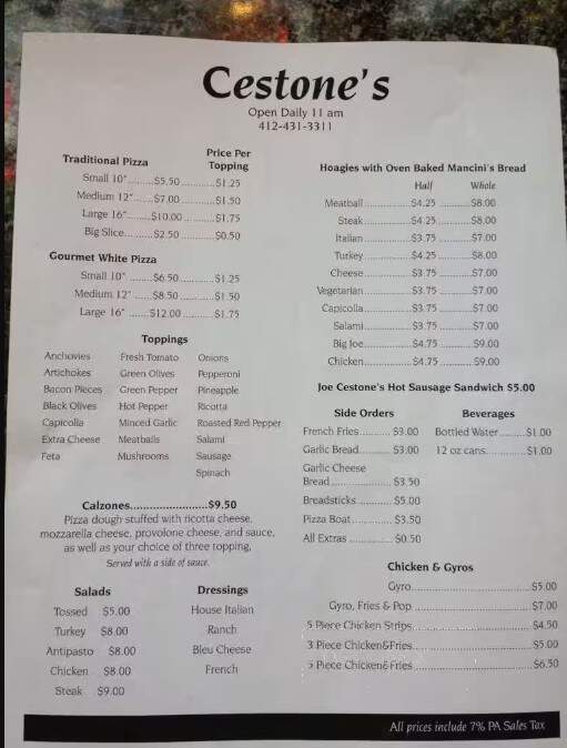 Joe Cestone's Pizzeria - Pittsburgh, PA menu_pic