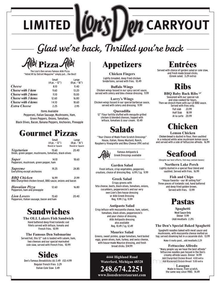 Lion's Den - Waterford, MI menu_pic