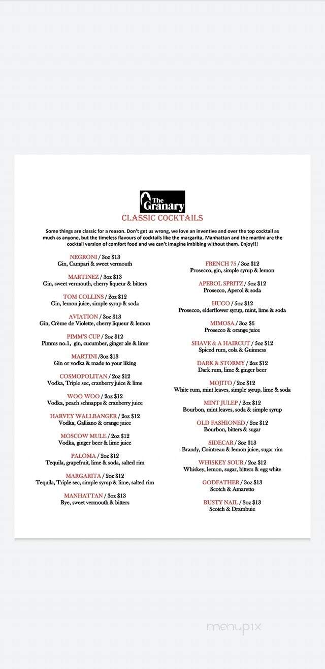 The Granary - Saskatoon, SK menu_pic