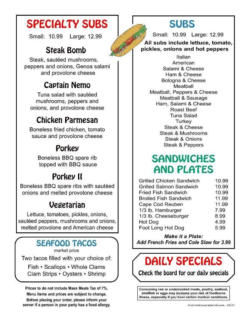 Bob's Sub & Cone - Wellfleet, MA menu_pic